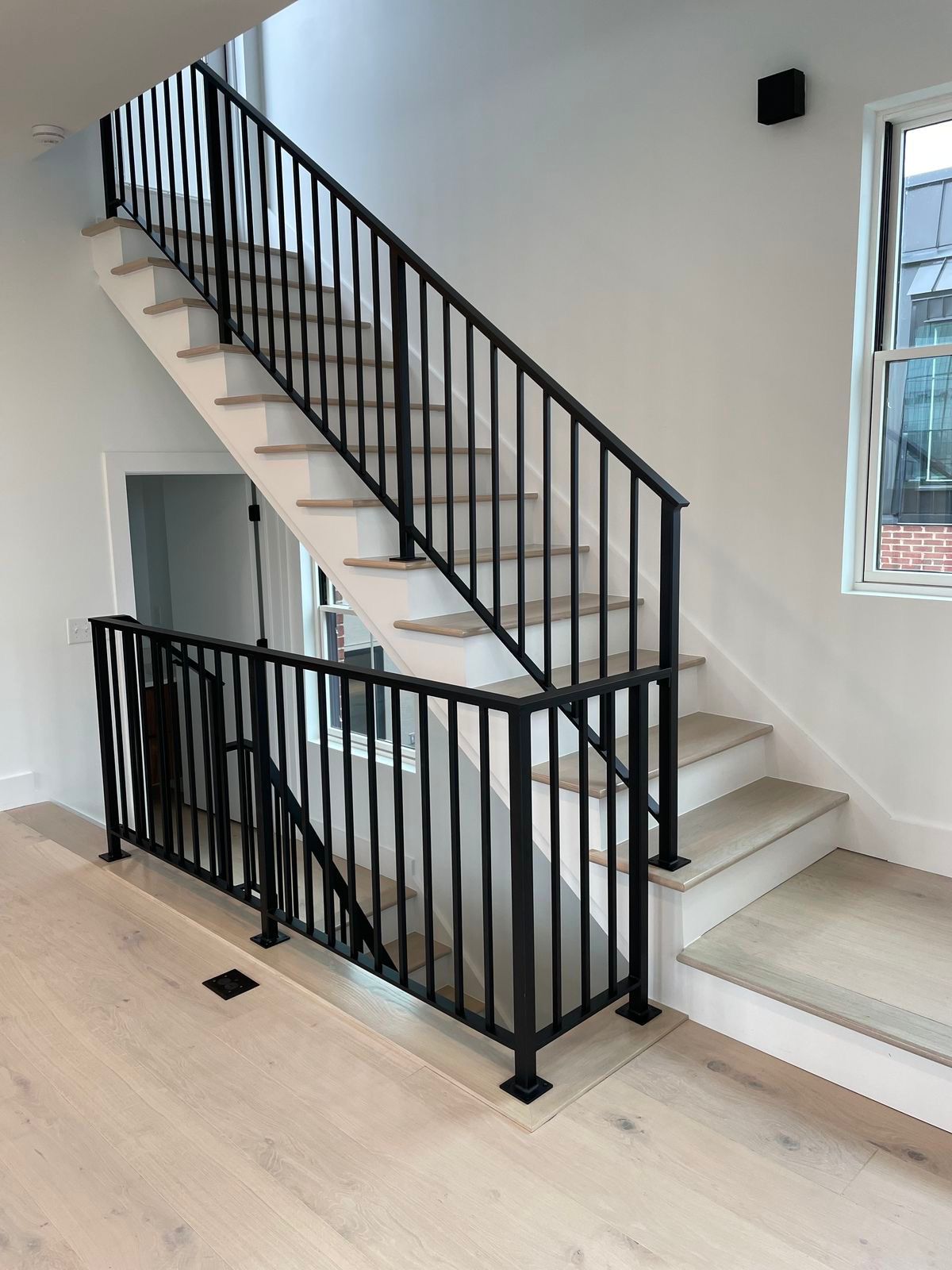 Rampe et garde-corps noirs à barreaux verticaux dans un escalier clair